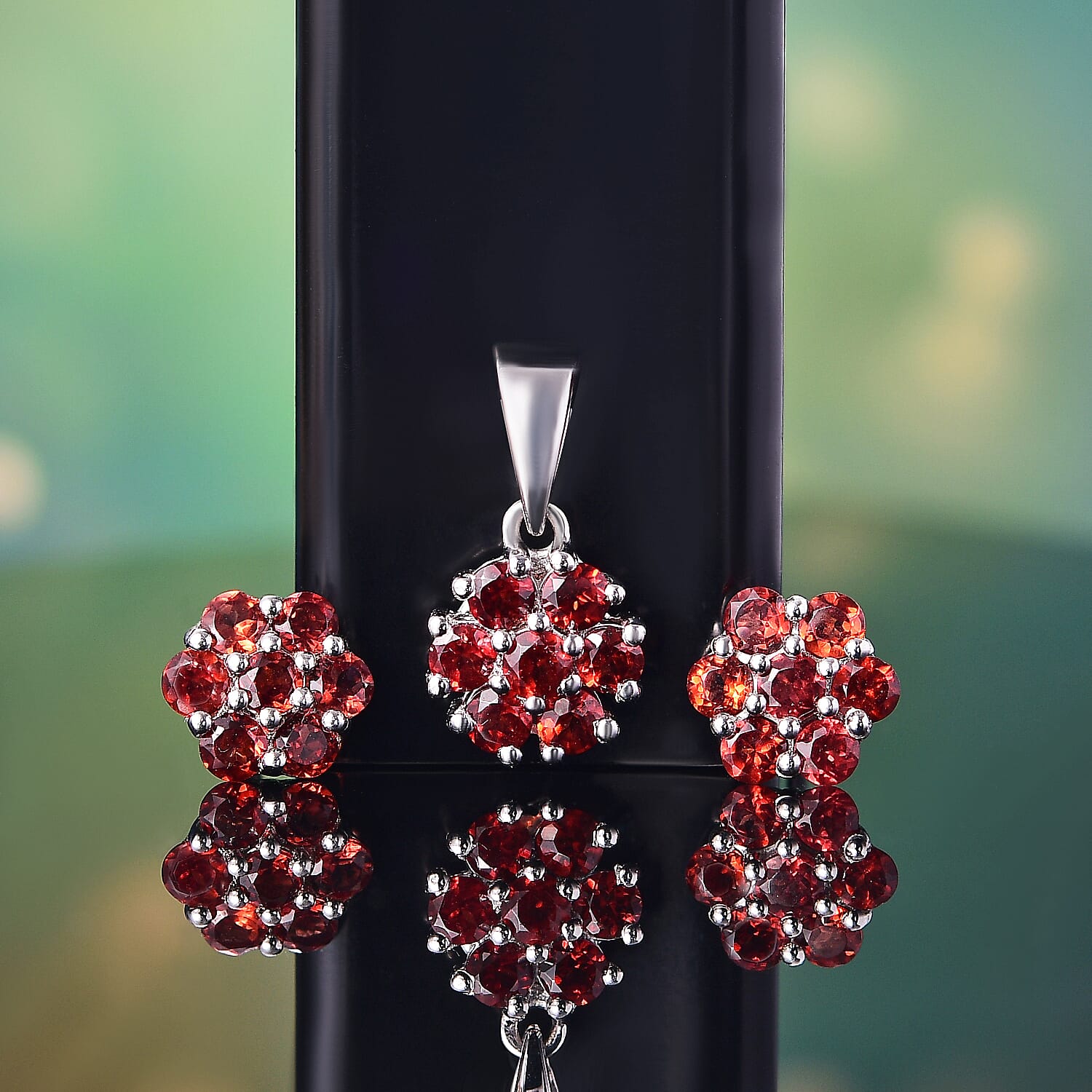 Christmas Jewelry Mozambique Garnet  Solitaire Stud Earrings and Pendant without Chain in Rhodium Over Sterling Silver