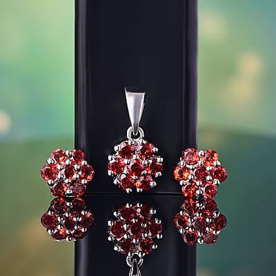 Set of 2 Mozambique Garnet 2.20 ctw Solitaire Stud Earrings and Pendant without Chain in Rhodium Over Sterling Silver