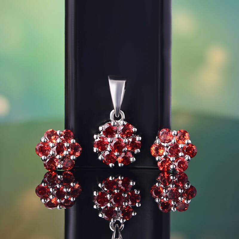 Set of 2 Mozambique Garnet 2.20 ctw Solitaire Stud Earrings and Pendant without Chain in Rhodium Over Sterling Silver