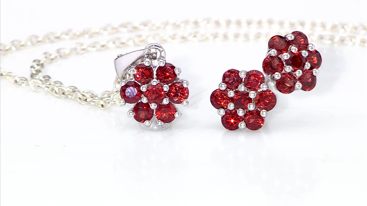 Set of 2 Mozambique Garnet 2.20 ctw Solitaire Stud Earrings and Pendant without Chain in Rhodium Over Sterling Silver