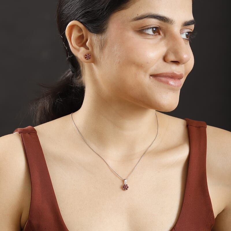 Set of 2 Mozambique Garnet 2.20 ctw Solitaire Stud Earrings and Pendant without Chain in Rhodium Over Sterling Silver