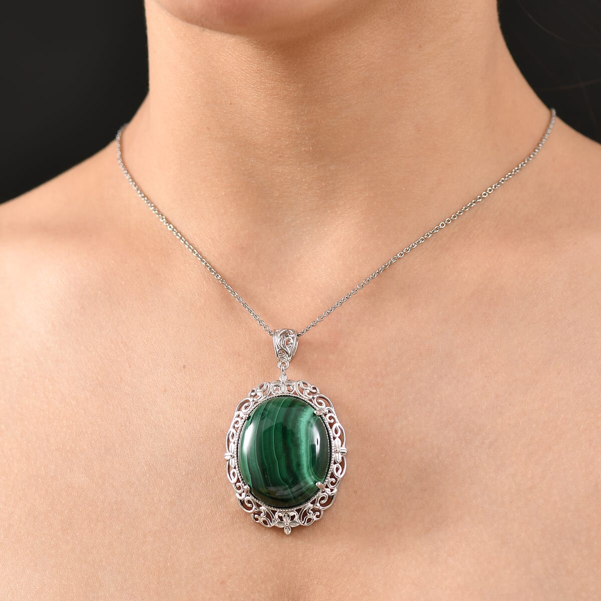 Karis African Malachite 66.30 ctw Pendant in Platinum Over Copper with Stainless Steel Necklace 20 Inches image number 2