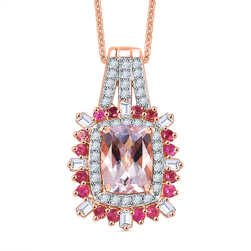 D'Joy Pink Morganite, Multi Gemstone Pendant Necklace in 18K Vermeil RG Over Sterling Silver 1.90 ctw  (20 Inches)
