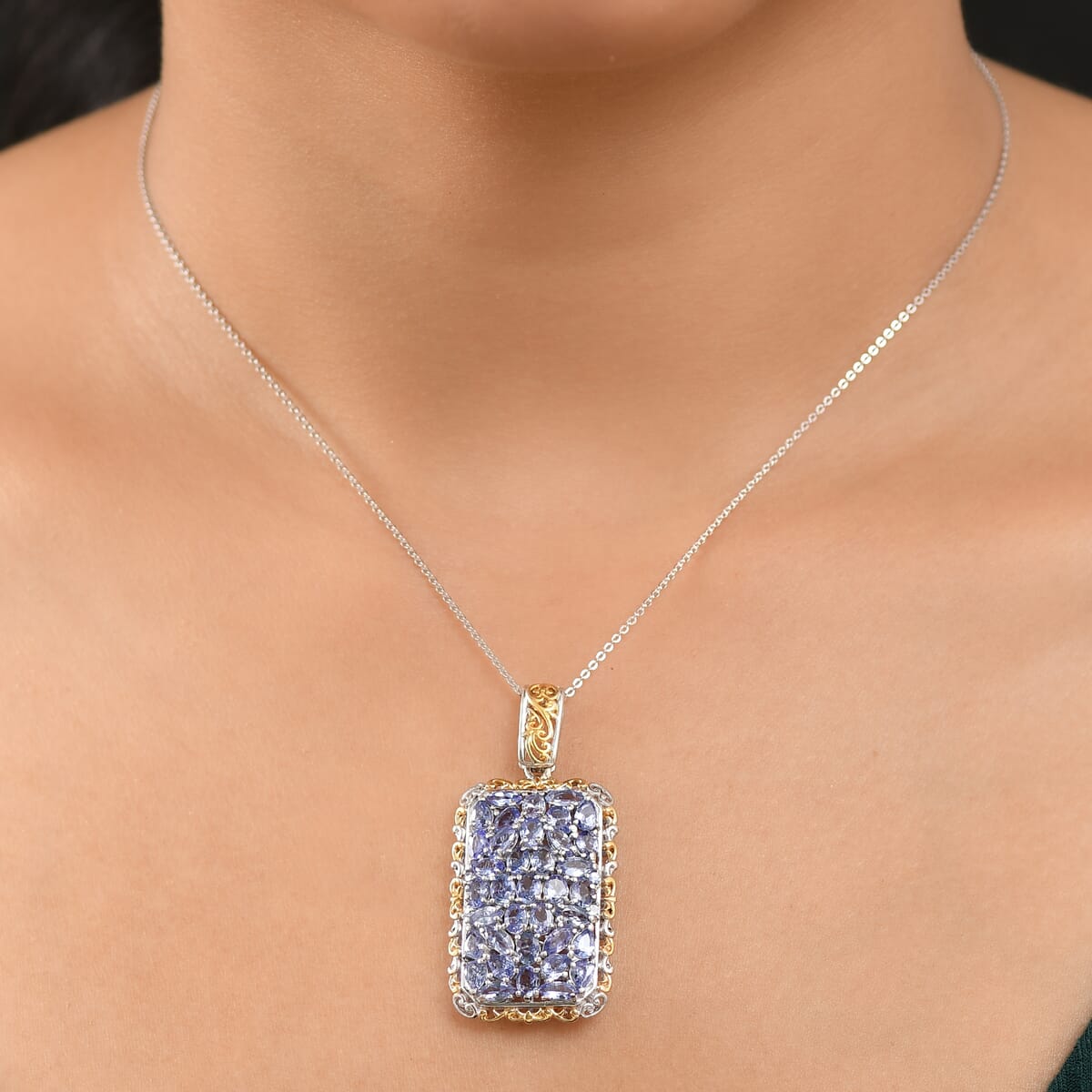 D'Joy Tanzanite 5.60 ctw Pendant Necklace 20 Inches in 18K Vermeil YG and Rhodium Over Sterling Silver image number 2