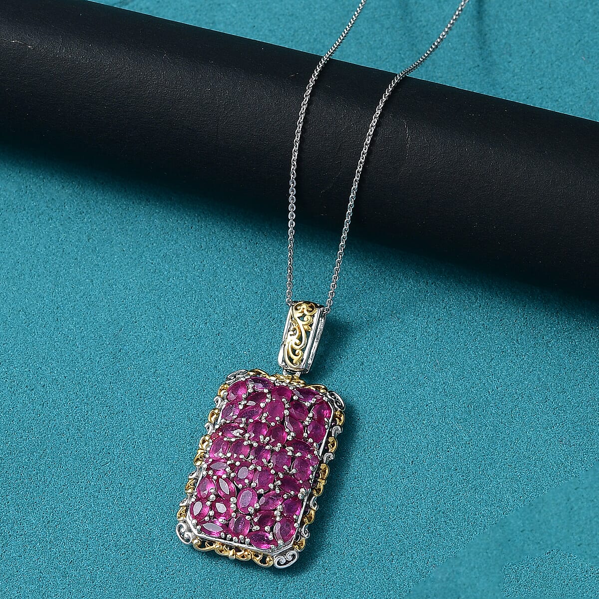 D'Joy Niassa Ruby (FF) 8.10 ctw Victorian Era Pendant Necklace 20 Inches in 18K Vermeil YG and Rhodium Over Sterling Silver image number 1