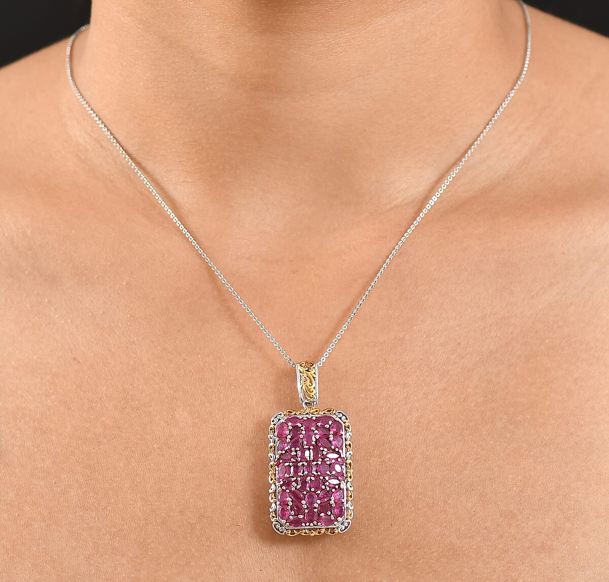 D'Joy Niassa Ruby (FF) 8.10 ctw Victorian Era Pendant Necklace 20 Inches in 18K Vermeil YG and Rhodium Over Sterling Silver image number 2