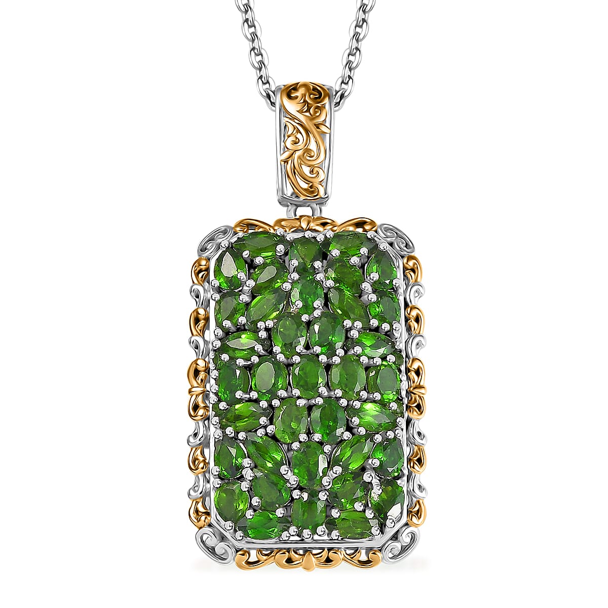 D'Joy Chrome Diopside 6.40 ctw Victorian Era Pendant Necklace 20 Inches in 18K Vermeil YG and Rhodium Over Sterling Silver image number 0