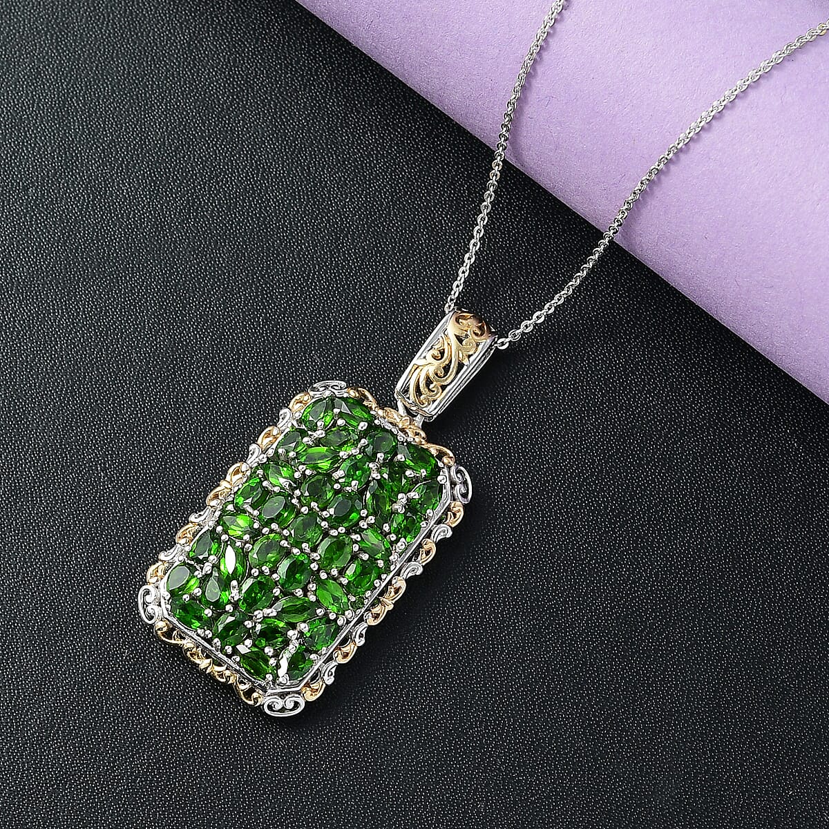 D'Joy Chrome Diopside 6.40 ctw Victorian Era Pendant Necklace 20 Inches in 18K Vermeil YG and Rhodium Over Sterling Silver image number 1