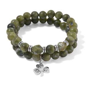 Set of 2 Connemara Marble 200.00 ctw Beaded Stretch Bracelet with Clover Leaf Charm in Silvertone