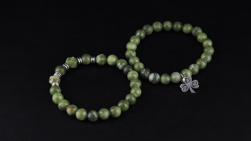 Set of 2 Connemara Marble 200.00 ctw Beaded Stretch Bracelet with Clover Leaf Charm in Silvertone