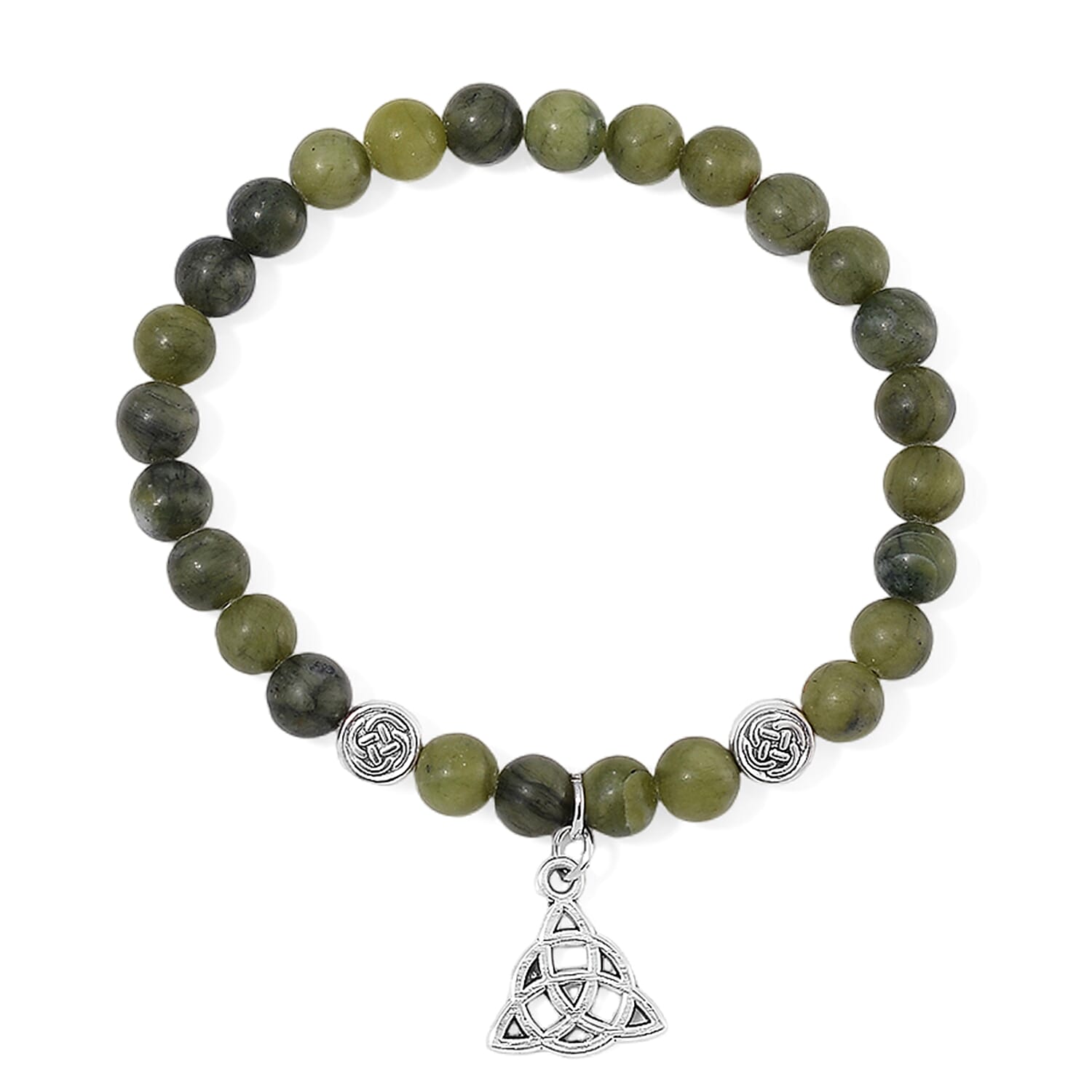 Set of 2 Connemara Marble 105.00 ctw Beaded and Bamboo Stretch Bracelet with Celtic Knot Charm in Silvertone