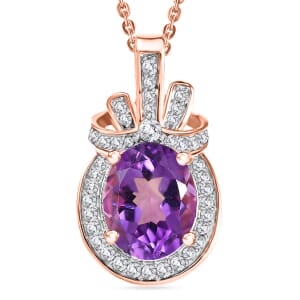 AAA Rose De France Amethyst and White Zircon 2.80 ctw Love Knot Pendant Necklace in 18K Vermeil Rose Gold Over Sterling Silver 20 Inches