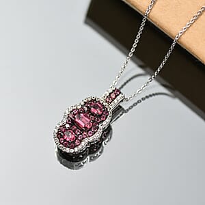 D'Joy Ouro Fino Rubellite and White Zircon 2.00 ctw Trilogy Pendant Necklace (20 Inches) in Rhodium Over Sterling Silver