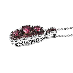 D'Joy Ouro Fino Rubellite and White Zircon 2.00 ctw Trilogy Pendant Necklace (20 Inches) in Rhodium Over Sterling Silver