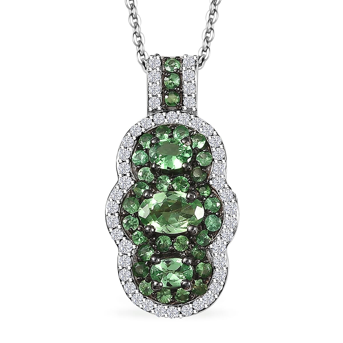 D'Joy Tsavorite Garnet and White Zircon 2.00 ctw Trilogy Pendant Necklace in Rhodium Over Sterling Silver 20 Inches image number 0