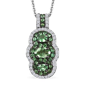 D'Joy Tsavorite Garnet and White Zircon 2.00 ctw Trilogy Pendant Necklace in Rhodium Over Sterling Silver 20 Inches
