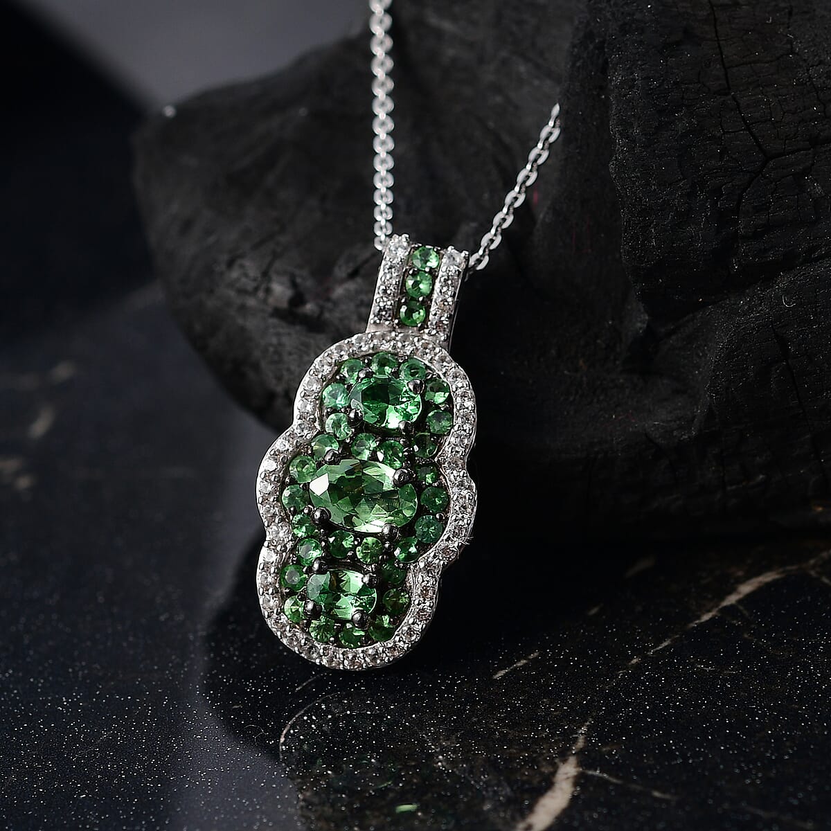 D'Joy Tsavorite Garnet and White Zircon 2.00 ctw Trilogy Pendant Necklace in Rhodium Over Sterling Silver 20 Inches image number 1