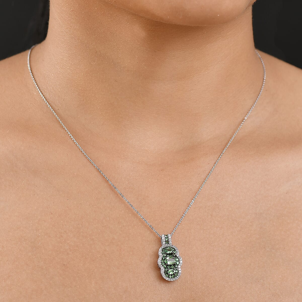 D'Joy Tsavorite Garnet and White Zircon 2.00 ctw Trilogy Pendant Necklace in Rhodium Over Sterling Silver 20 Inches image number 2