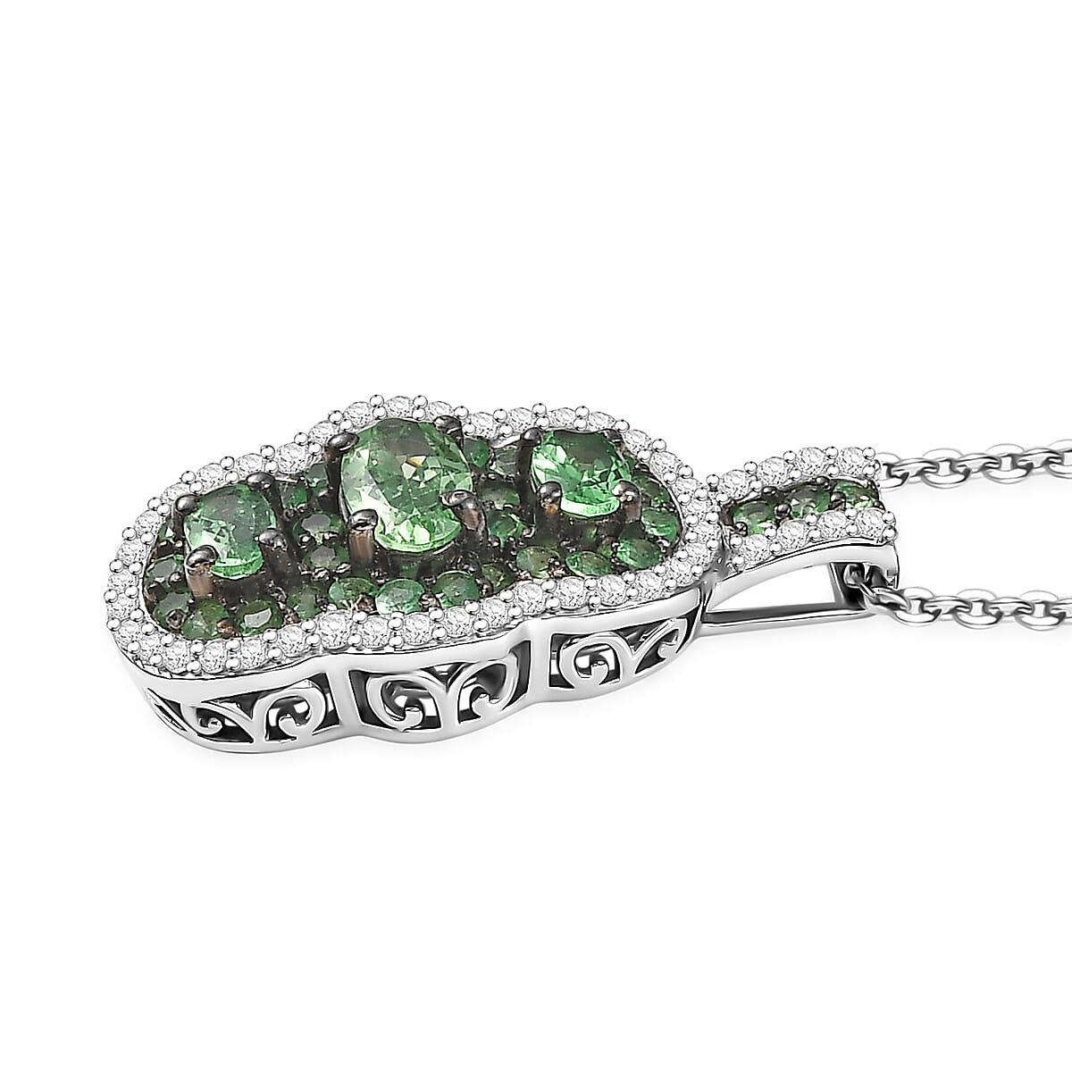 D'Joy Tsavorite Garnet and White Zircon 2.00 ctw Trilogy Pendant Necklace in Rhodium Over Sterling Silver 20 Inches image number 3
