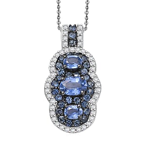 D'Joy Ceylon Blue Sapphire and White Zircon 2.60 ctw Pendant Necklace 20 Inches in Rhodium Over Sterling Silver