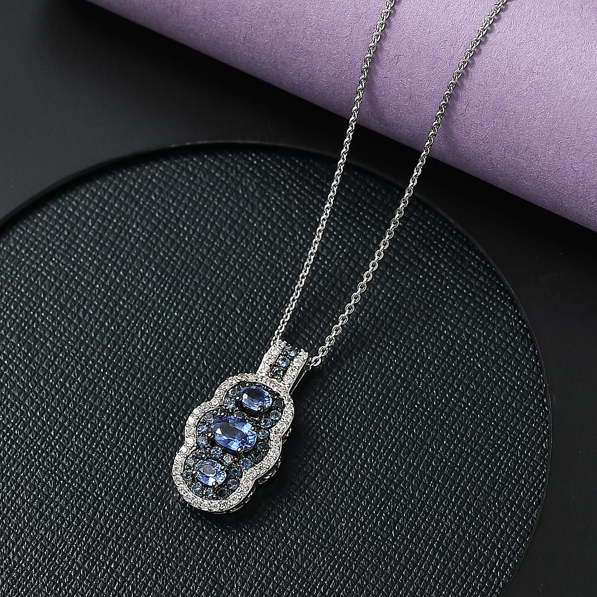 D'Joy Ceylon Blue Sapphire and White Zircon 2.60 ctw Pendant Necklace 20 Inches in Rhodium Over Sterling Silver image number 1