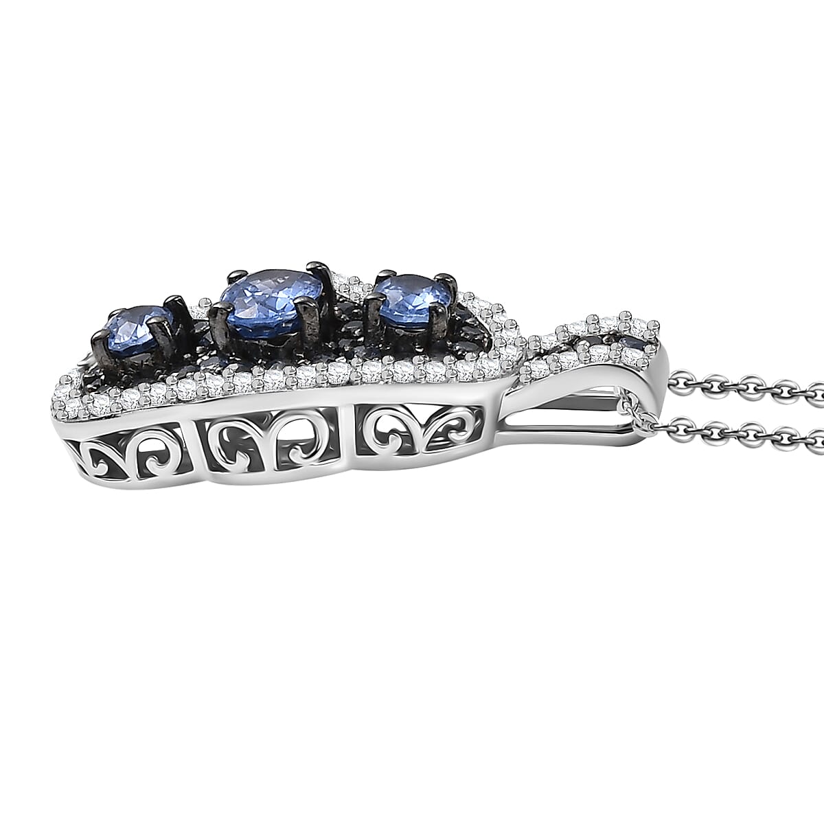 D'Joy Ceylon Blue Sapphire and White Zircon 2.60 ctw Pendant Necklace 20 Inches in Rhodium Over Sterling Silver image number 3