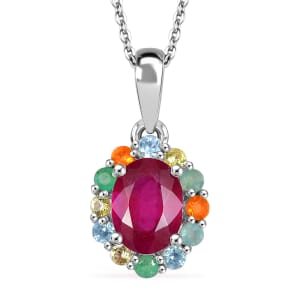 D'Joy Niassa Ruby (FF) and Multi Gemstone 2.45 ctw Pendant Necklace in Rhodium Over Sterling Silver 20 Inches 
