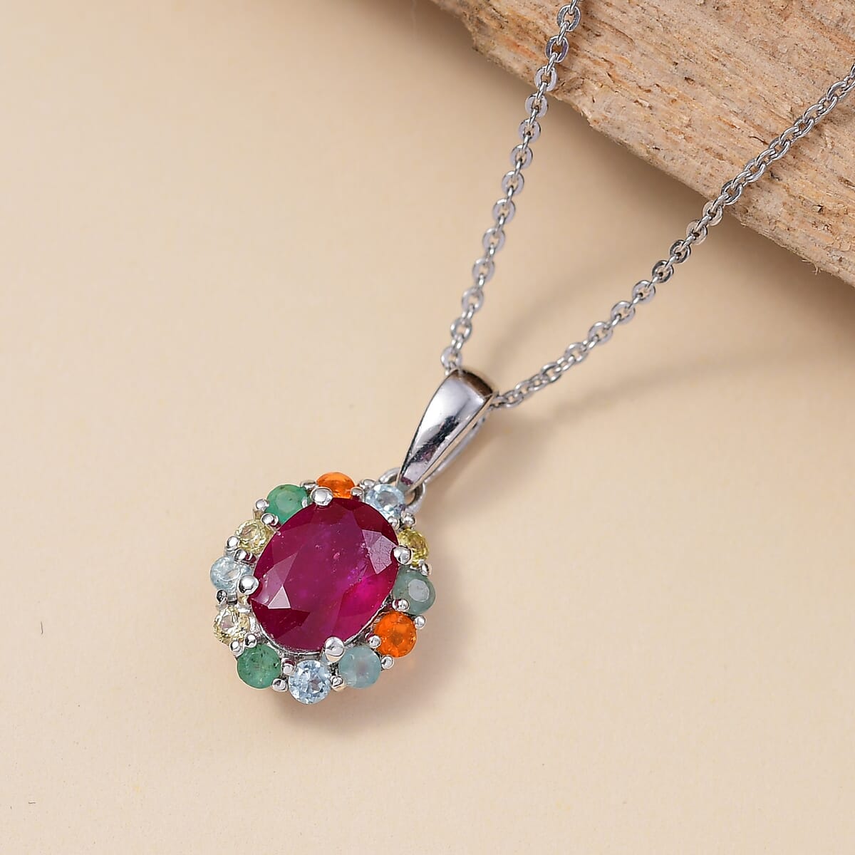 Niassa Ruby and Multi Gemstone 2.45 ctw Pendant Necklace in Rhodium Over Sterling Silver 20 Inches  image number 1