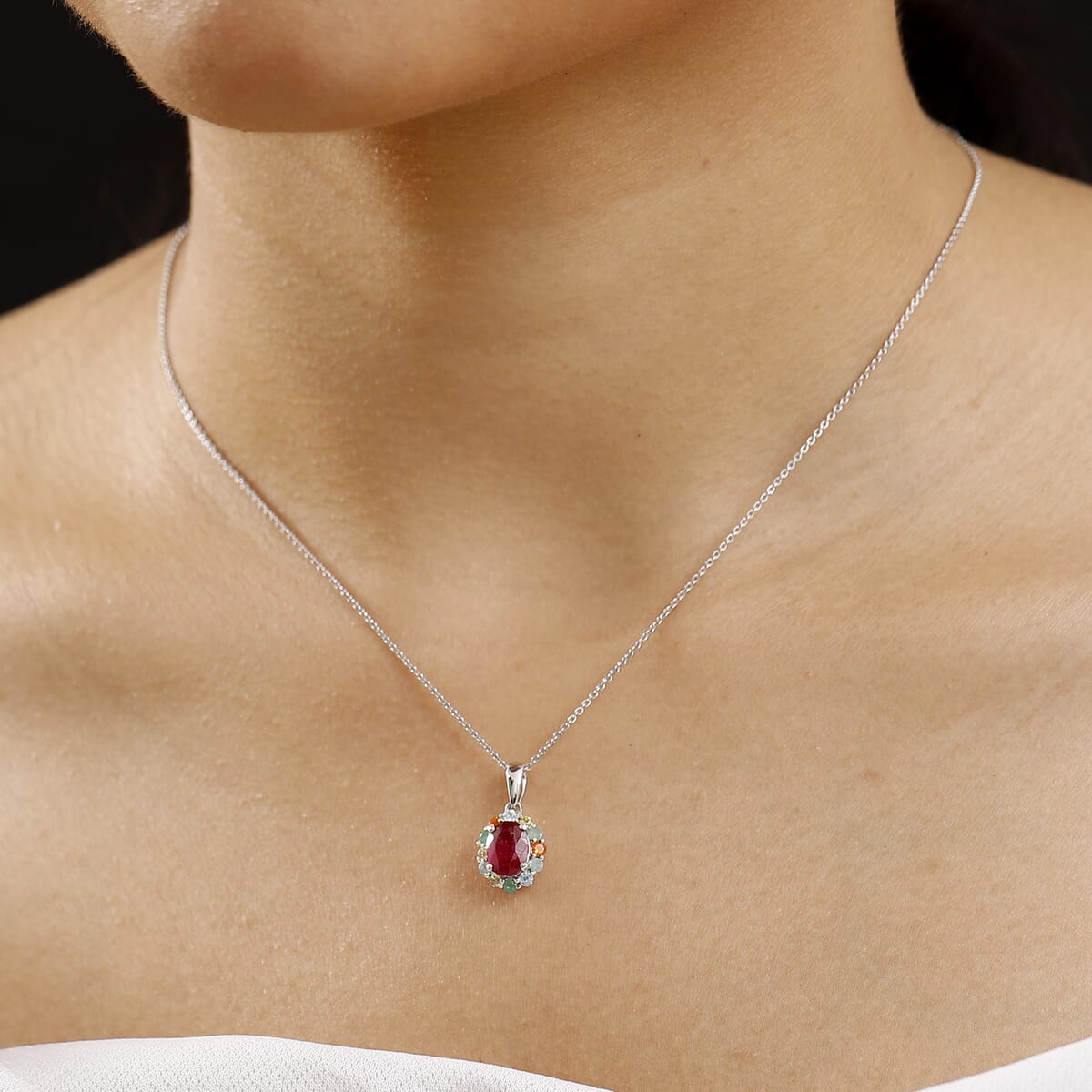 Niassa Ruby and Multi Gemstone 2.45 ctw Pendant Necklace in Rhodium Over Sterling Silver 20 Inches  image number 2