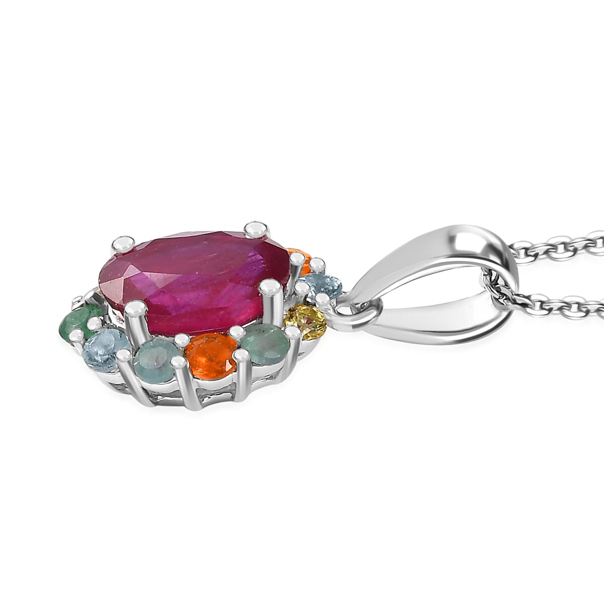 Niassa Ruby and Multi Gemstone 2.45 ctw Pendant Necklace in Rhodium Over Sterling Silver 20 Inches  image number 3