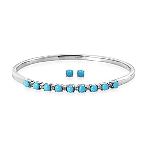 Sleeping Beauty Turquoise and White Zircon 3.15 ctw Stud Earrings and Bangle Bracelet (7.25 In) in Stainless Steel