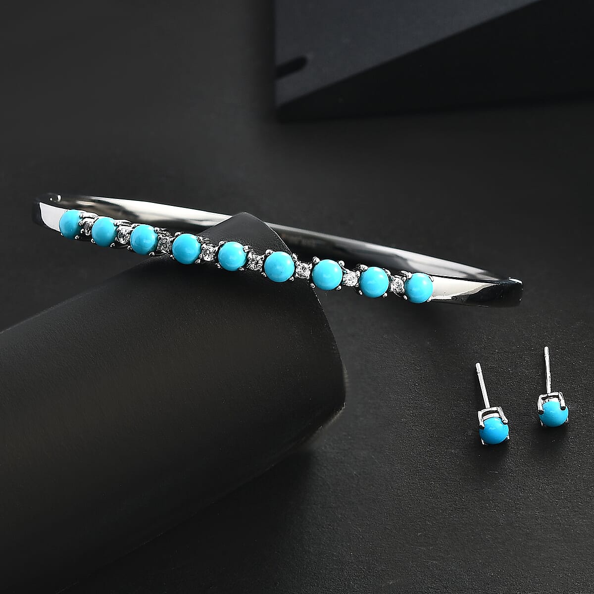 Sleeping Beauty Turquoise and White Zircon 3.15 ctw Stud Earrings and Bangle Bracelet (7.25 In) in Stainless Steel image number 1