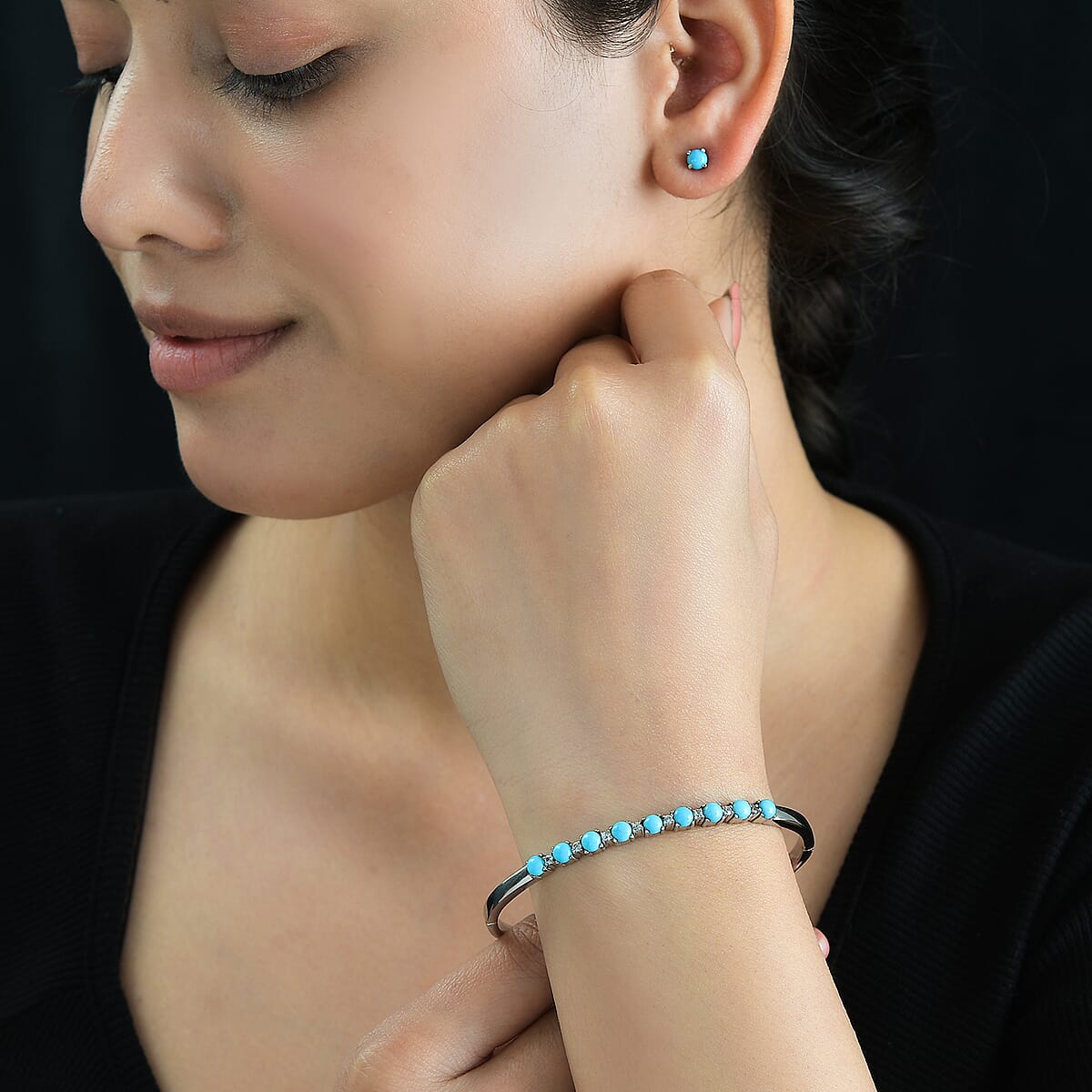 Sleeping Beauty Turquoise and White Zircon 3.15 ctw Stud Earrings and Bangle Bracelet (7.25 In) in Stainless Steel image number 2