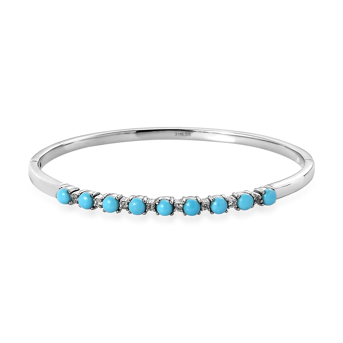 Sleeping Beauty Turquoise and White Zircon 3.15 ctw Stud Earrings and Bangle Bracelet (7.25 In) in Stainless Steel image number 3