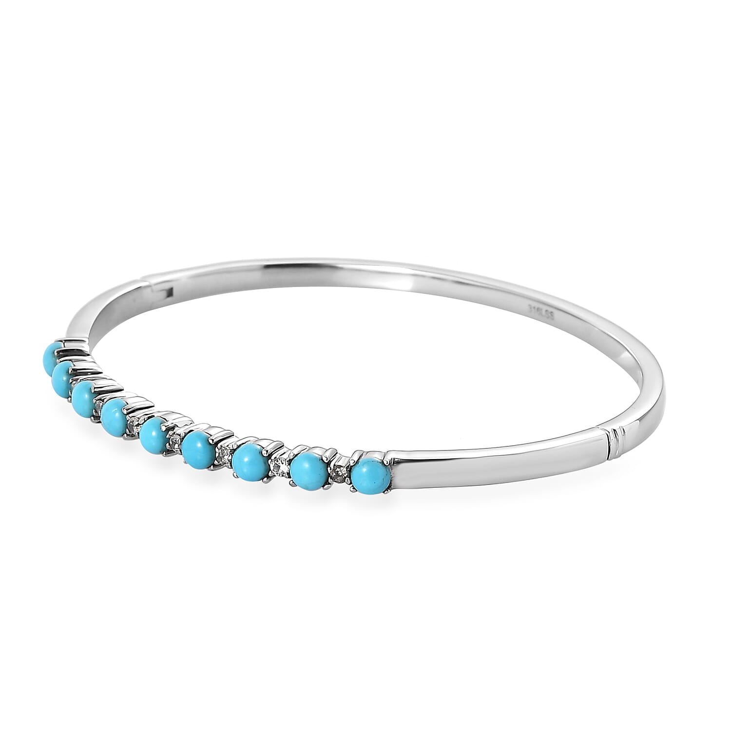 Sleeping Beauty Turquoise and White Zircon 3.15 ctw Stud Earrings and Bangle Bracelet (7.25 In) in Stainless Steel