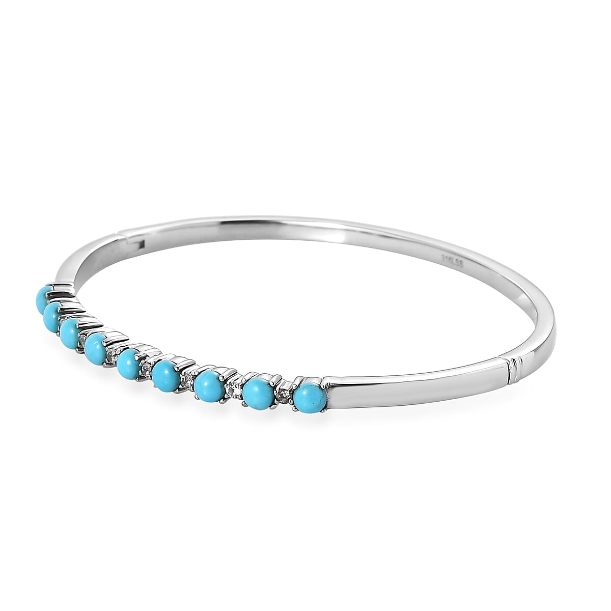 Sleeping Beauty Turquoise and White Zircon 3.15 ctw Stud Earrings and Bangle Bracelet (7.25 In) in Stainless Steel image number 4
