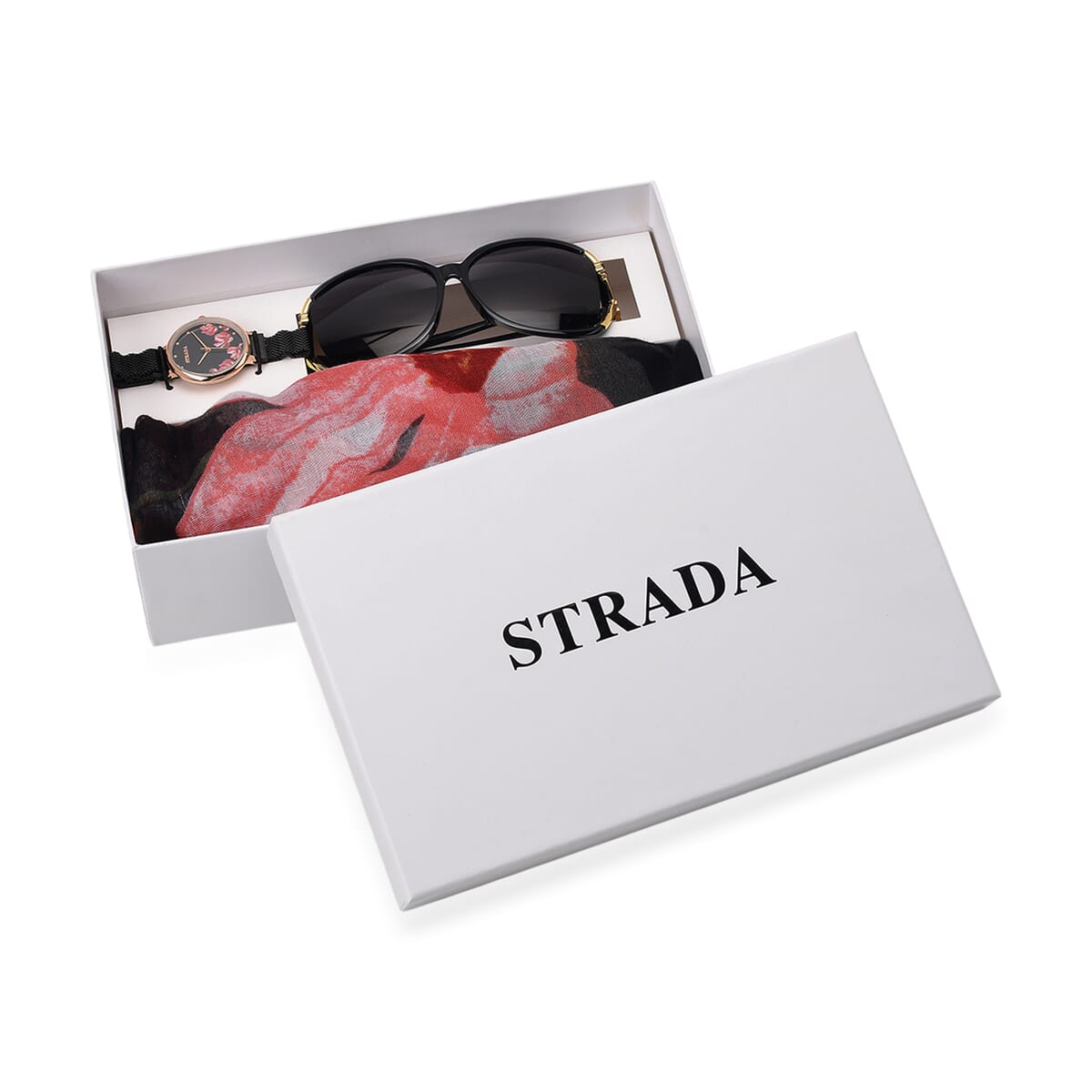 Strada Japanese Movement Pink Flower Pattern Dial Watch with Stainless Steel Strap, Matching Scarf and UV400 Sunglass image number 0