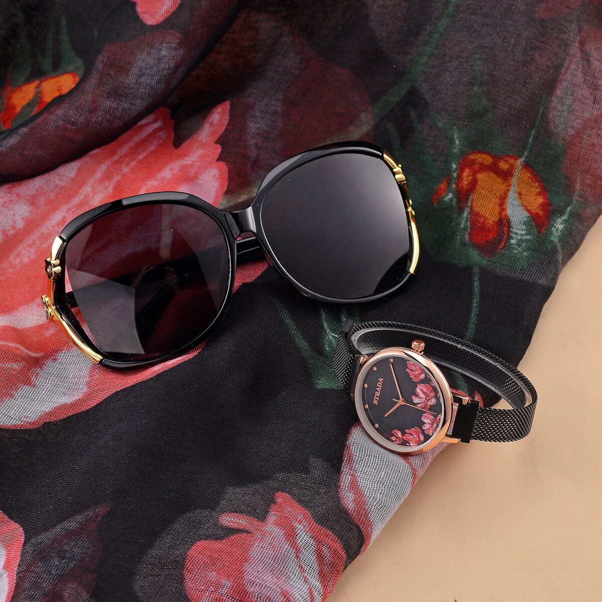 Strada Japanese Movement Pink Flower Pattern Dial Watch with Stainless Steel Strap, Matching Scarf and UV400 Sunglass image number 1