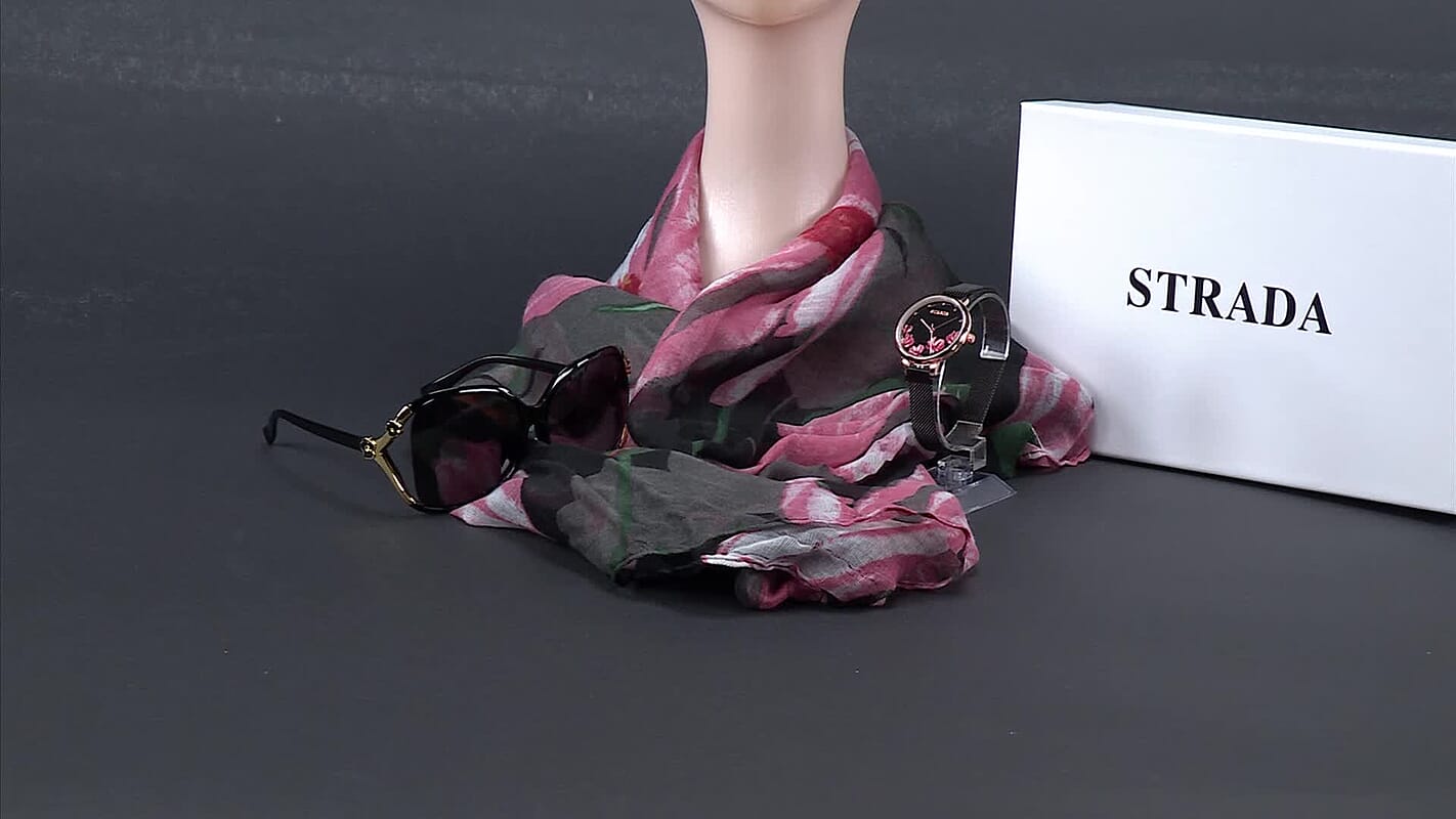 TLV Strada Japanese Movement Pink Flower Pattern Dial Watch with Stainless Steel Strap, Matching Scarf (27.6"x70.8") and UV400 with FDA Sunglass