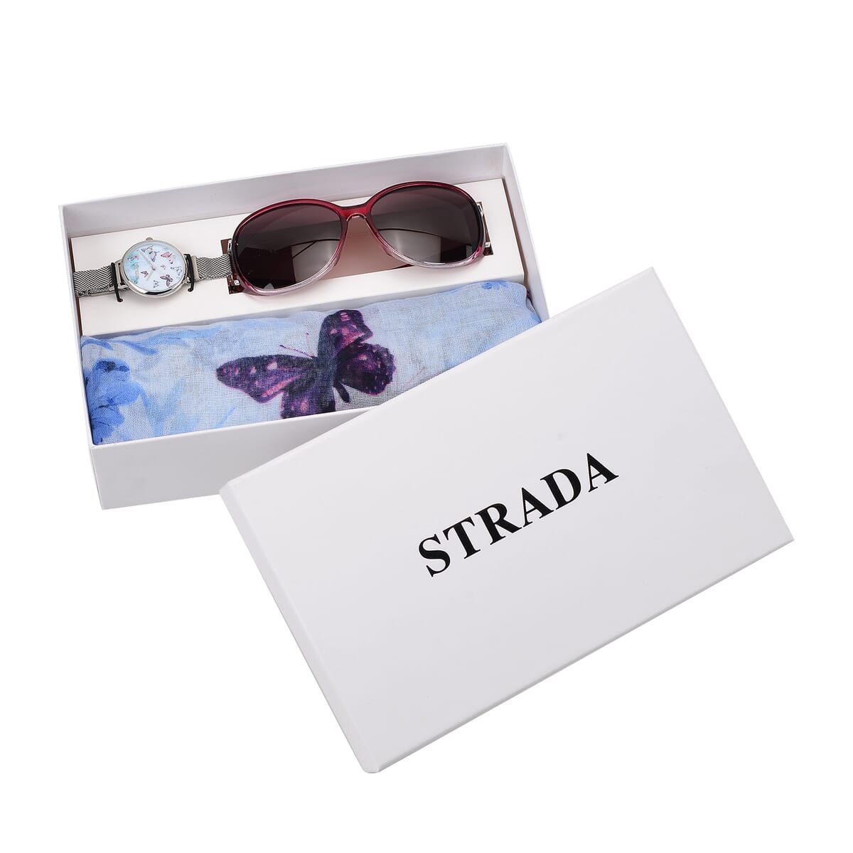 Strada Japanese Movement Blue Purple Butterfly Pattern Dial Watch with Stainless Steel Strap, Matching Scarf and UV400 Sunglass image number 0