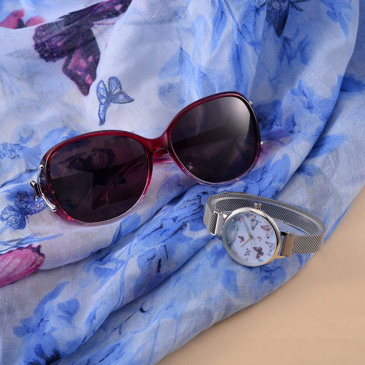 Strada Japanese Movement Blue Purple Butterfly Pattern Dial Watch with Stainless Steel Strap, Matching Scarf and UV400 Sunglass image number 1