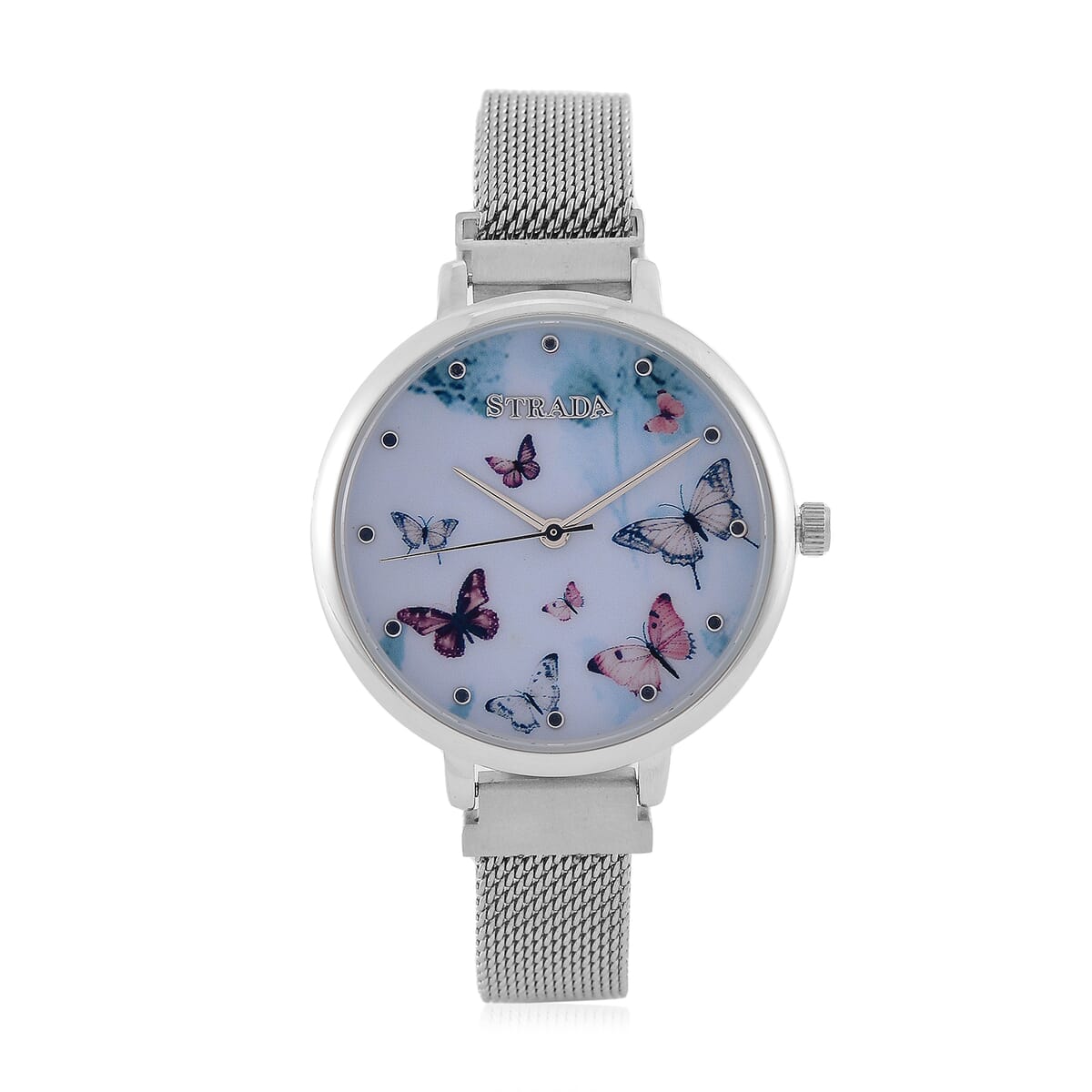 Strada Japanese Movement Blue Purple Butterfly Pattern Dial Watch with Stainless Steel Strap, Matching Scarf and UV400 Sunglass image number 2