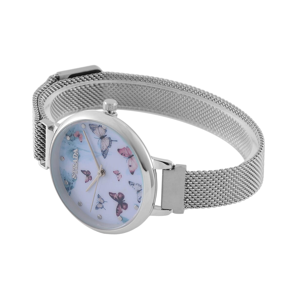 Strada Japanese Movement Blue Purple Butterfly Pattern Dial Watch with Stainless Steel Strap, Matching Scarf and UV400 Sunglass image number 3