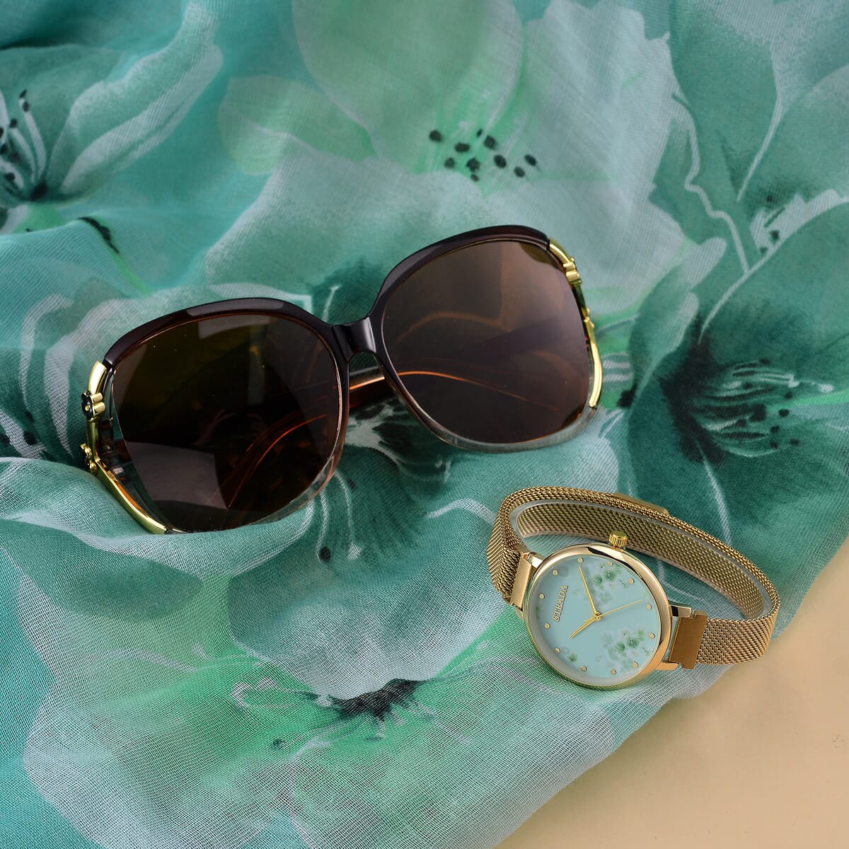 Strada Japanese Movement Green Flower Pattern Dial Watch with Stainless Steel Strap, Matching Scarf and UV400 Sunglass image number 1