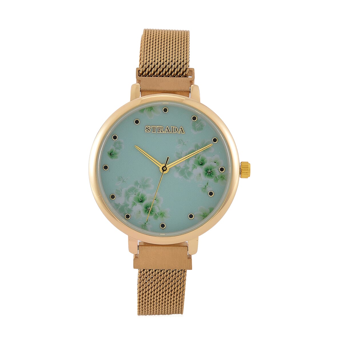 Strada Japanese Movement Green Flower Pattern Dial Watch with Stainless Steel Strap, Matching Scarf and UV400 Sunglass image number 2