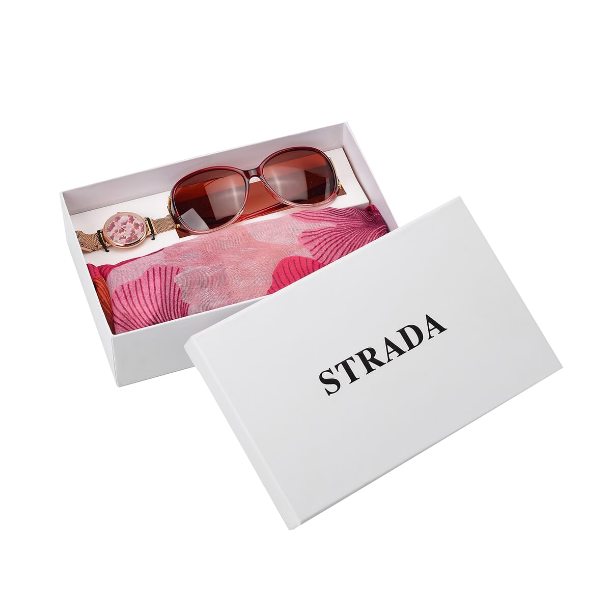 Strada Japanese Movement Pink Leaf Pattern Dial Watch with Stainless Steel Strap, Matching Scarf and UV400 Sunglass image number 0