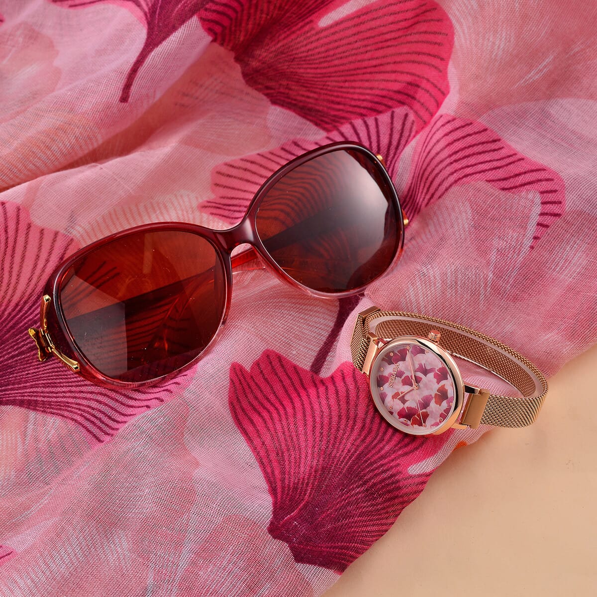 Strada Japanese Movement Pink Leaf Pattern Dial Watch with Stainless Steel Strap, Matching Scarf and UV400 Sunglass image number 1
