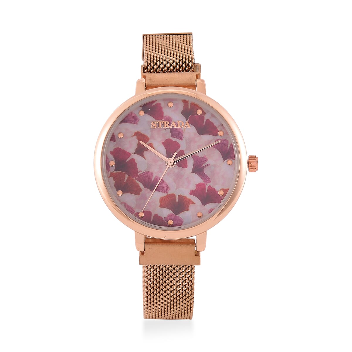 Strada Japanese Movement Pink Leaf Pattern Dial Watch with Stainless Steel Strap, Matching Scarf and UV400 Sunglass image number 2