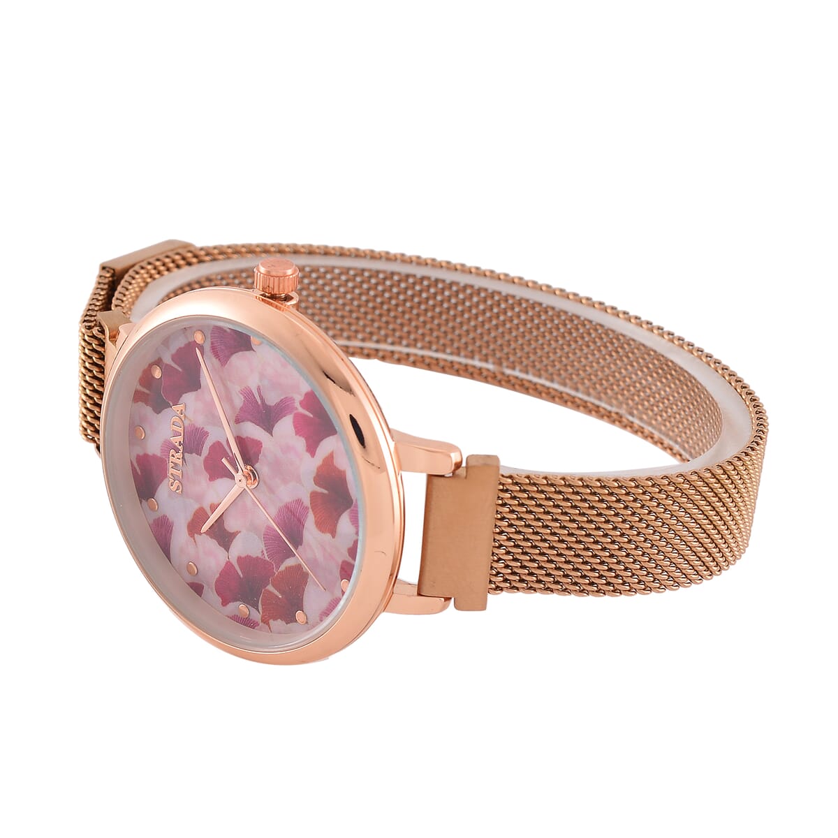 Strada Japanese Movement Pink Leaf Pattern Dial Watch with Stainless Steel Strap, Matching Scarf and UV400 Sunglass image number 3