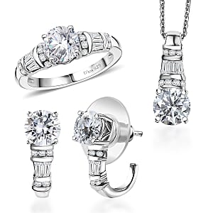 D'Joy Moissanite 4.90 ctw Art Deco Earrings, Ring (Size 5.0) and Pendant Necklace 20 Inches in Rhodium Over Sterling Silver